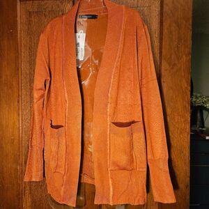 MEROKEETY Women's Small Orange Open Front Pocketed Ribbed Cardigan Sweater NEW
